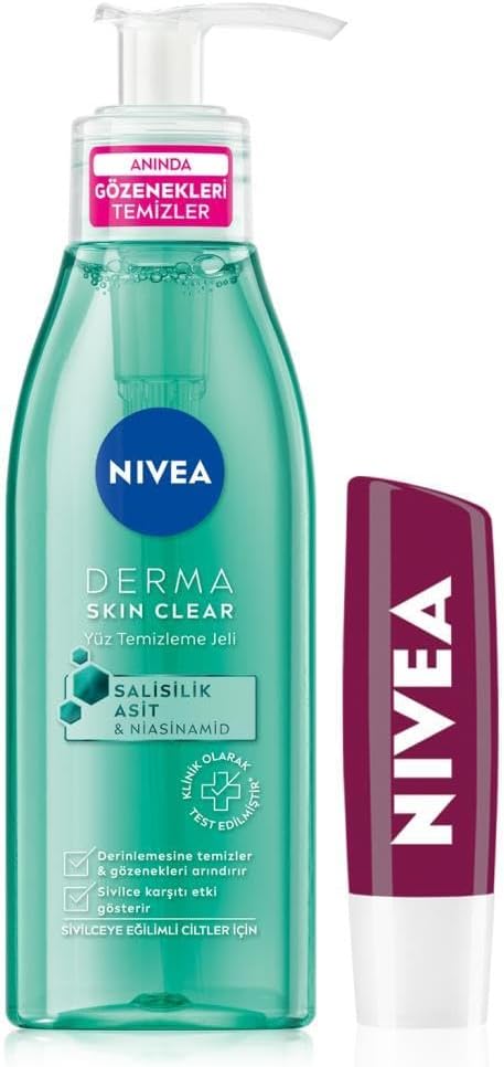 Alternative view of Derma Skin Clear Sivilce Karşıtı Yüz Temizleme Jeli 150ml,Salisilik Asit,Nisaniamid ve Böğürtlen Dudak Bakım Kremi ve Parlatıcısı 4.8gr, Nemlendirici, Hafif Bordo Işıltı