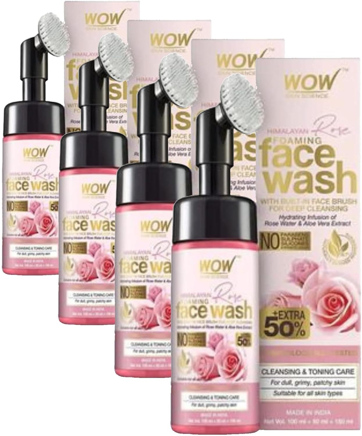 WOW Skin Himalaya Gülü Yüz Yıkama Köpüğü Doğal İçerik Gül Suyu, Aloe Özü, E Vitamini Ve 150ml (4 paketi)