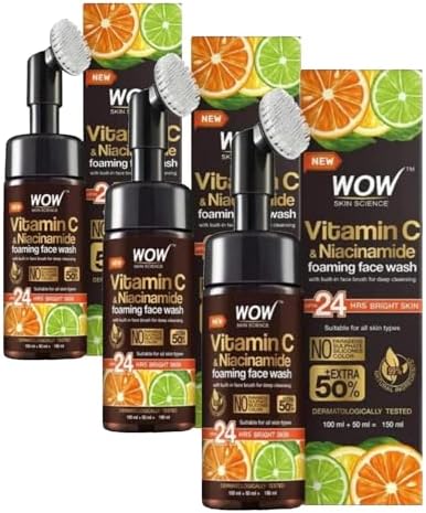 WOW Skin C Vitamini Yüz Yıkama Köpüğü Fırçalı Yüzde Doksan Sekiz Doğal içerik Aydınlatıcı, derin temizlik, 150ml (3 paketi)